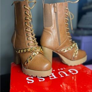 GUESS Women's Brown Lace-Up Boots with Gold Chain